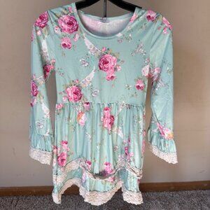 Mint with Pink Flowers Boho Dress   8504  NWT Boutique